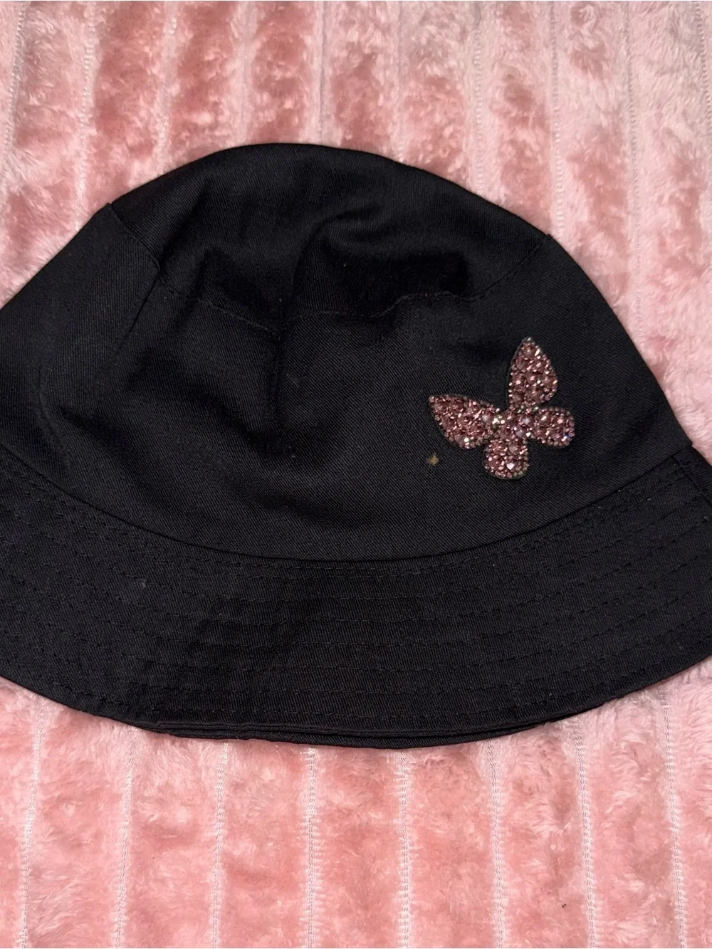 Kids Black Bucket Hat with Pink Rhinestone Butterfly Accent